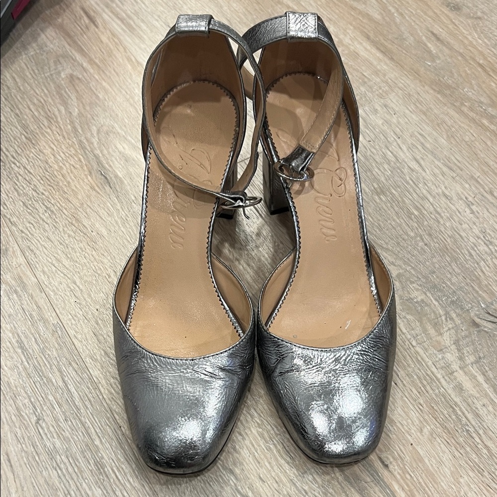 J. Crew Metallic Silver Heels with Ankle Strap